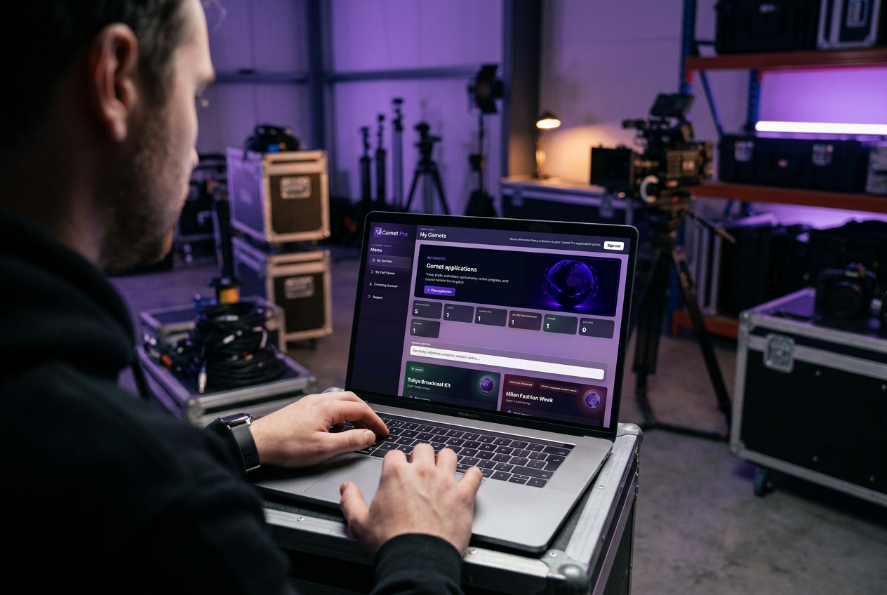 Production crew member using Carnet Pro on a laptop in a kit warehouse