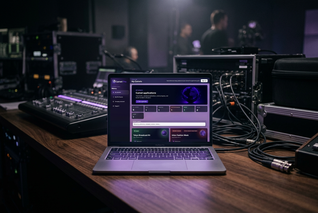 Carnet Pro dashboard displayed on a laptop in a broadcast control room