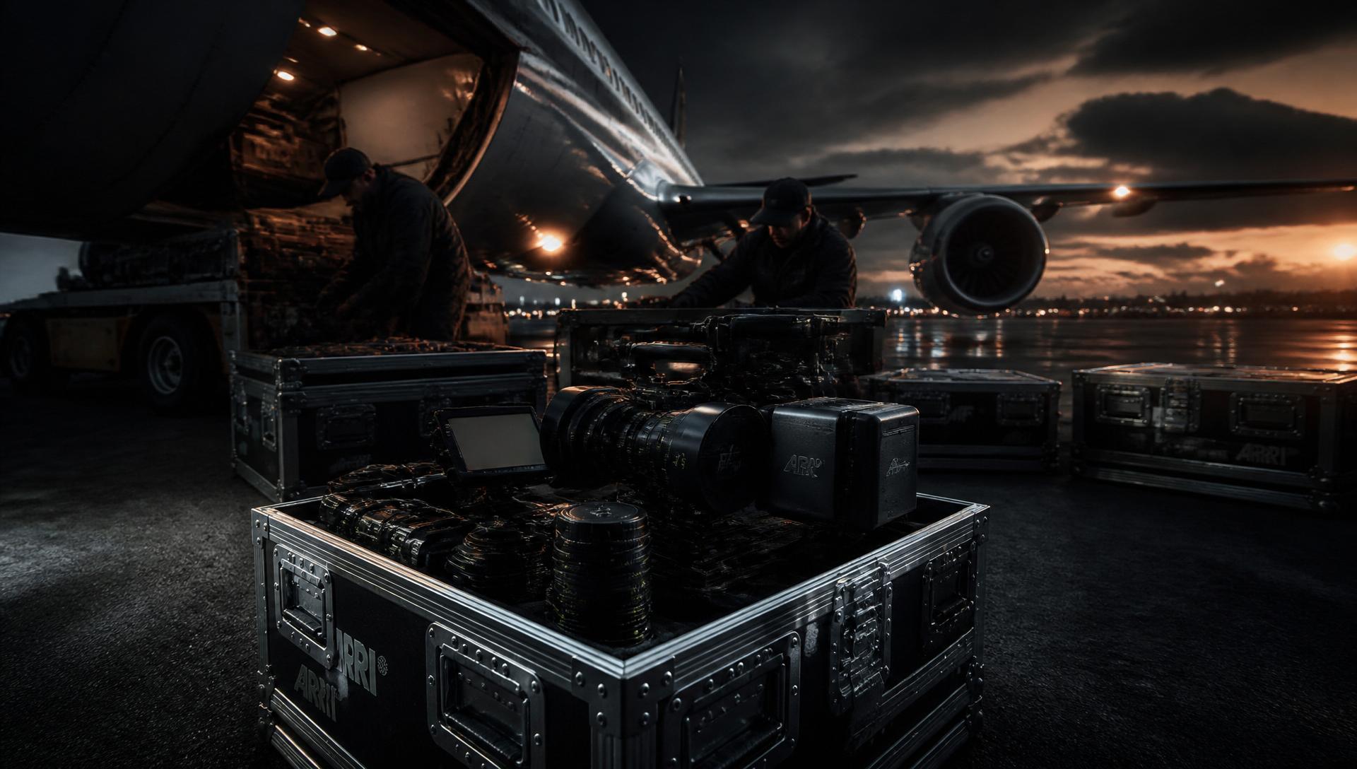 Broadcast cinema camera kit loaded into flight cases on the tarmac at dusk